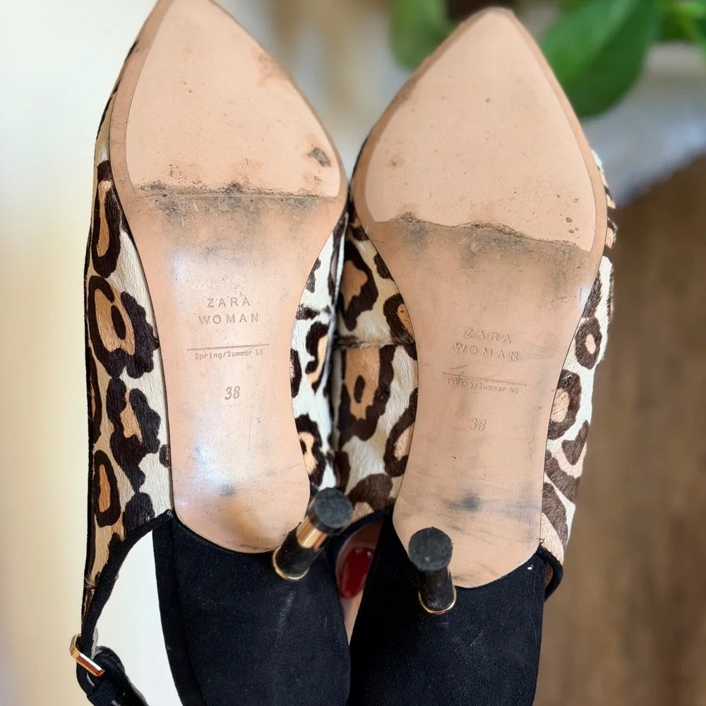 Zara Woman Slingback Heels Womens 38 Leopard Print Calf Hair Kitten Heel Pointed
